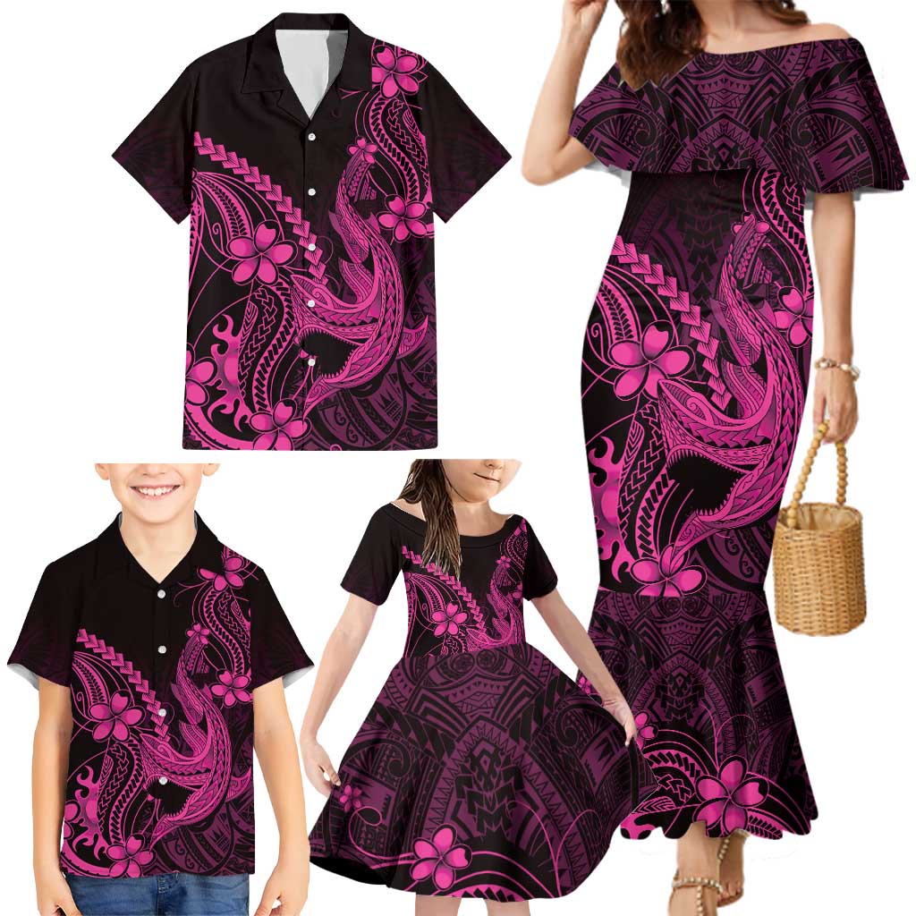 Pink Black Aloha Hawaii Family Matching Mermaid Dress and Hawaiian Shirt Polynesian Shark Tattoo With Plumeria LT14 - Polynesian Pride