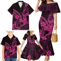 Pink Black Aloha Hawaii Family Matching Mermaid Dress and Hawaiian Shirt Polynesian Shark Tattoo With Plumeria LT14 - Polynesian Pride