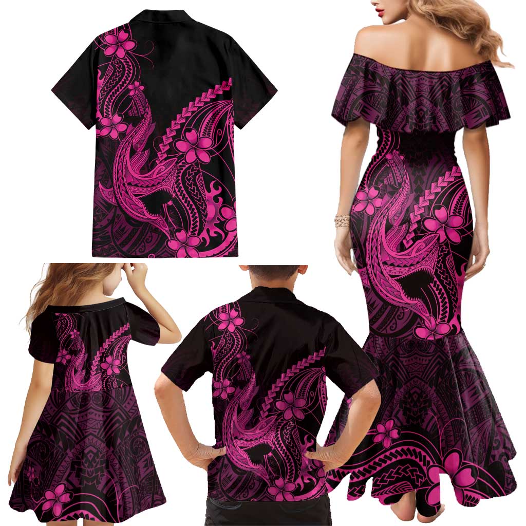 Pink Black Aloha Hawaii Family Matching Mermaid Dress and Hawaiian Shirt Polynesian Shark Tattoo With Plumeria LT14 - Polynesian Pride