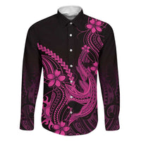 Pink Black Aloha Hawaii Family Matching Mermaid Dress and Hawaiian Shirt Polynesian Shark Tattoo With Plumeria LT14 Dad's Shirt - Long Sleeve Pink - Polynesian Pride