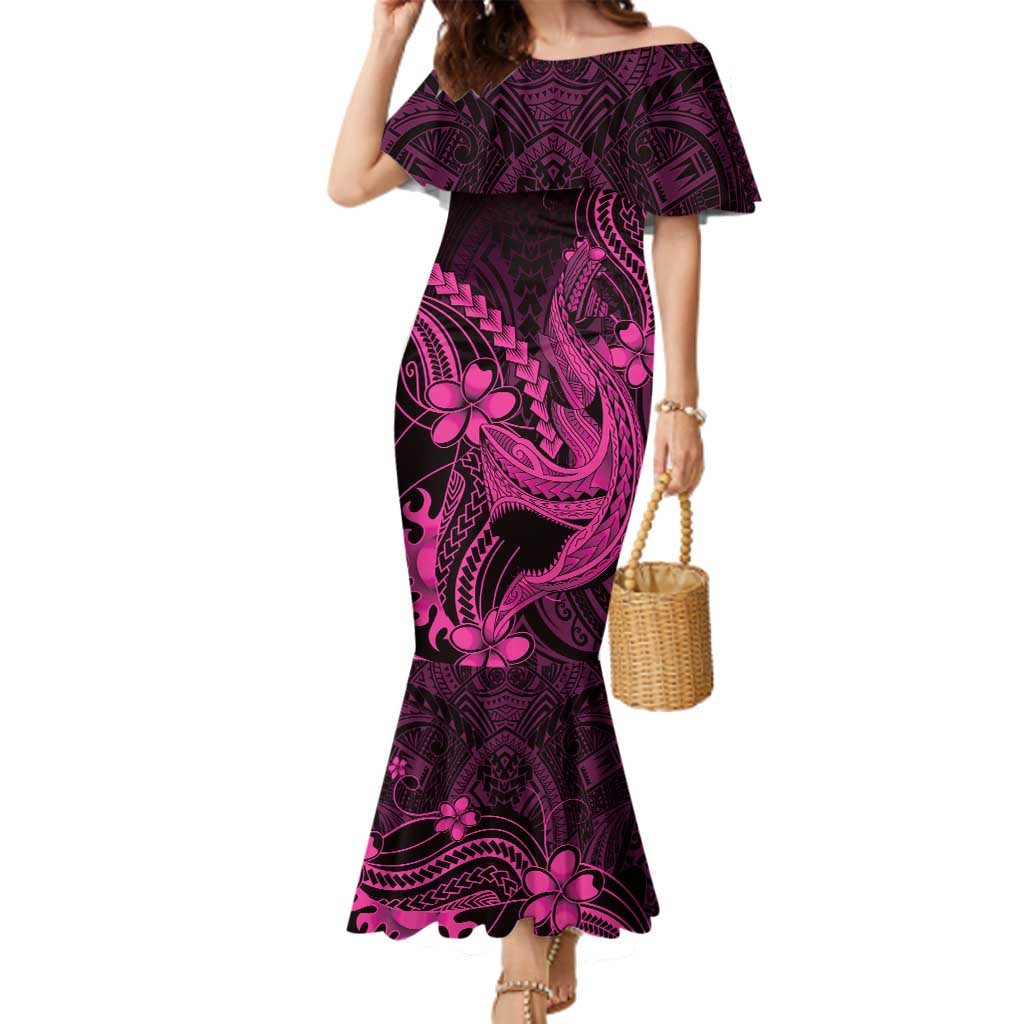 Pink Black Aloha Hawaii Family Matching Mermaid Dress and Hawaiian Shirt Polynesian Shark Tattoo With Plumeria LT14 Mom's Dress Pink - Polynesian Pride