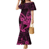 Pink Black Aloha Hawaii Family Matching Mermaid Dress and Hawaiian Shirt Polynesian Shark Tattoo With Plumeria LT14 Mom's Dress Pink - Polynesian Pride