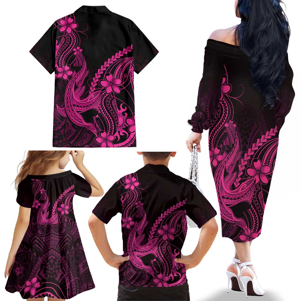Pink Black Aloha Hawaii Family Matching Off The Shoulder Long Sleeve Dress and Hawaiian Shirt Polynesian Shark Tattoo With Plumeria LT14 - Polynesian Pride