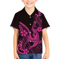 Pink Black Aloha Hawaii Family Matching Off The Shoulder Long Sleeve Dress and Hawaiian Shirt Polynesian Shark Tattoo With Plumeria LT14 Son's Shirt Pink - Polynesian Pride