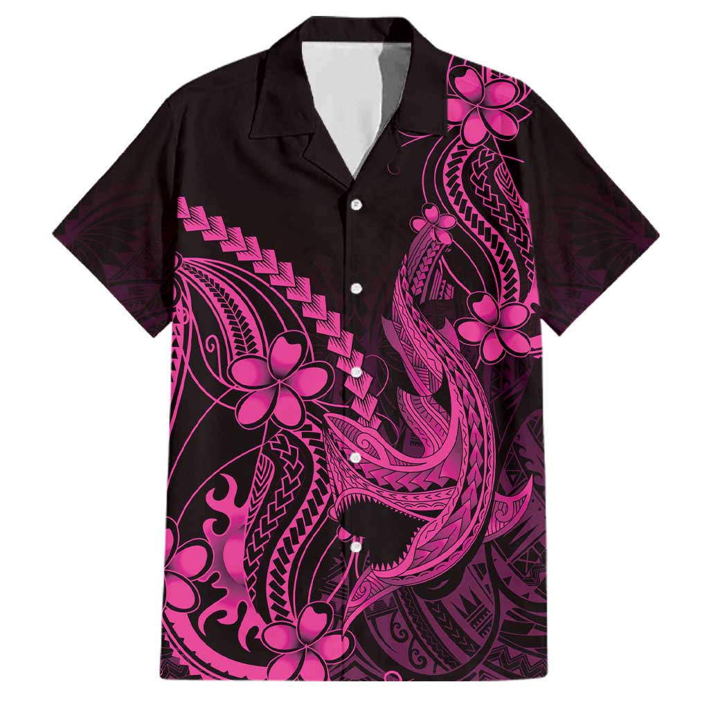 Pink Black Aloha Hawaii Family Matching Off Shoulder Maxi Dress and Hawaiian Shirt Polynesian Shark Tattoo With Plumeria LT14 Dad's Shirt - Short Sleeve Pink - Polynesian Pride