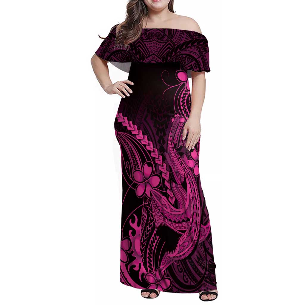 Pink Black Aloha Hawaii Family Matching Off Shoulder Maxi Dress and Hawaiian Shirt Polynesian Shark Tattoo With Plumeria LT14 Mom's Dress Pink - Polynesian Pride