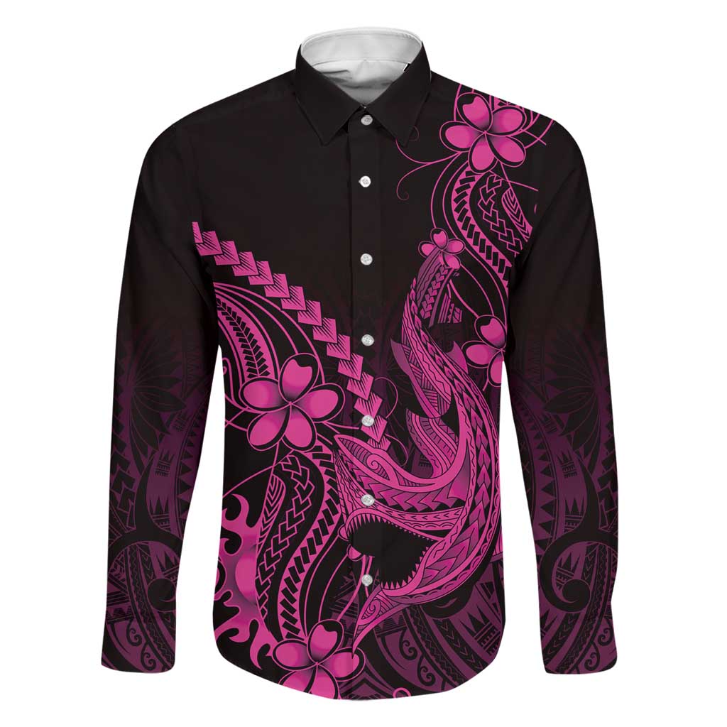 Pink Black Aloha Hawaii Family Matching Off Shoulder Short Dress and Hawaiian Shirt Polynesian Shark Tattoo With Plumeria LT14 Dad's Shirt - Long Sleeve Pink - Polynesian Pride