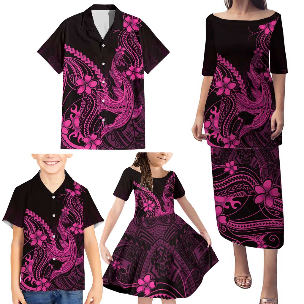 Pink Black Aloha Hawaii Family Matching Puletasi and Hawaiian Shirt Polynesian Shark Tattoo With Plumeria LT14 - Polynesian Pride