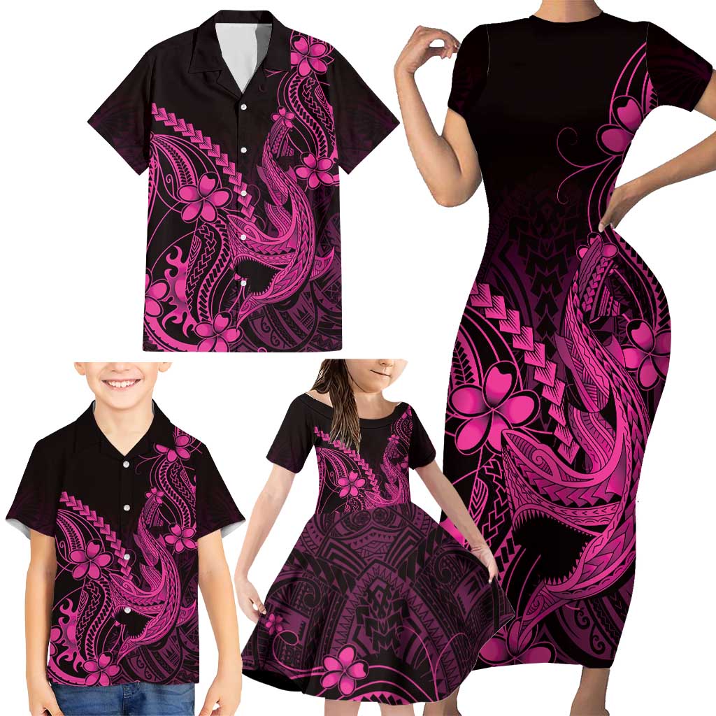 Pink Black Aloha Hawaii Family Matching Short Sleeve Bodycon Dress and Hawaiian Shirt Polynesian Shark Tattoo With Plumeria LT14 - Polynesian Pride