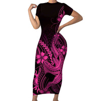 Pink Black Aloha Hawaii Family Matching Short Sleeve Bodycon Dress and Hawaiian Shirt Polynesian Shark Tattoo With Plumeria LT14 Mom's Dress Pink - Polynesian Pride