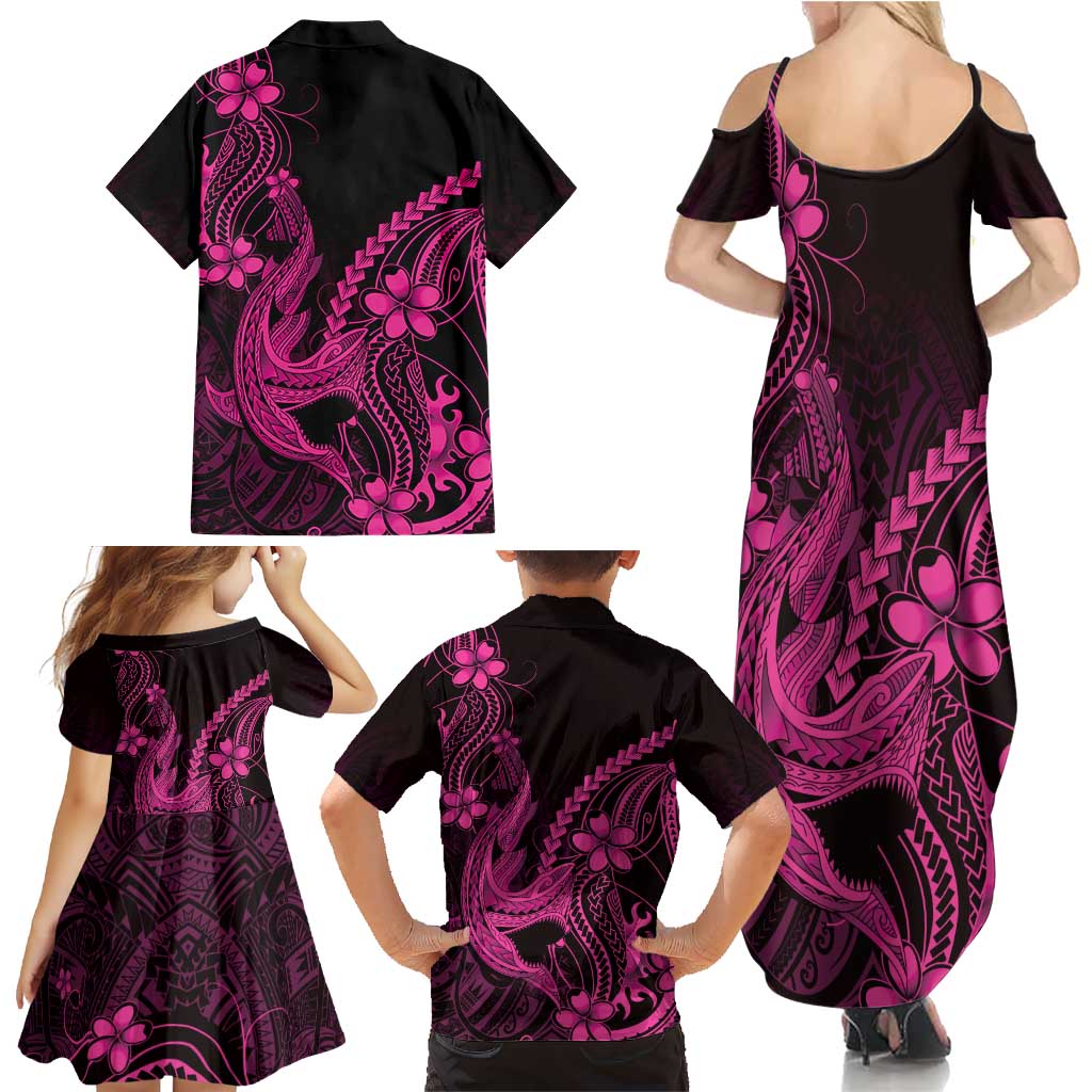 Pink Black Aloha Hawaii Family Matching Summer Maxi Dress and Hawaiian Shirt Polynesian Shark Tattoo With Plumeria LT14 - Polynesian Pride