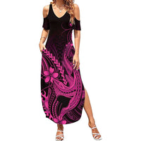 Pink Black Aloha Hawaii Family Matching Summer Maxi Dress and Hawaiian Shirt Polynesian Shark Tattoo With Plumeria LT14 Mom's Dress Pink - Polynesian Pride