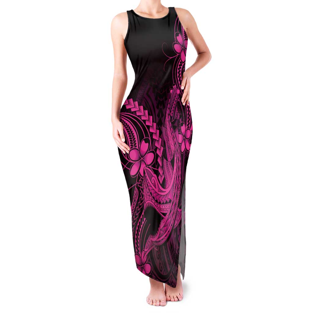 Pink Black Aloha Hawaii Family Matching Tank Maxi Dress and Hawaiian Shirt Polynesian Shark Tattoo With Plumeria LT14 Mom's Dress Pink - Polynesian Pride