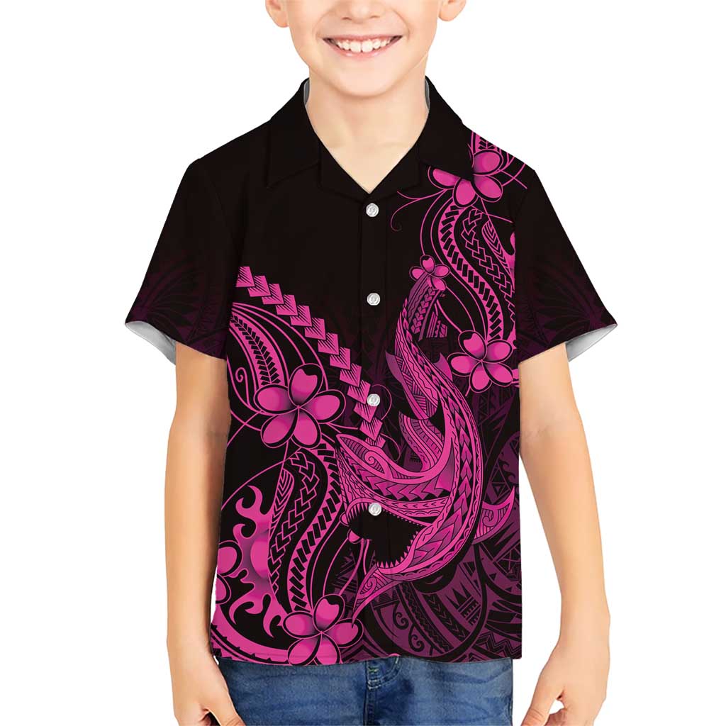 Pink Black Aloha Hawaii Family Matching Tank Maxi Dress and Hawaiian Shirt Polynesian Shark Tattoo With Plumeria LT14 Son's Shirt Pink - Polynesian Pride