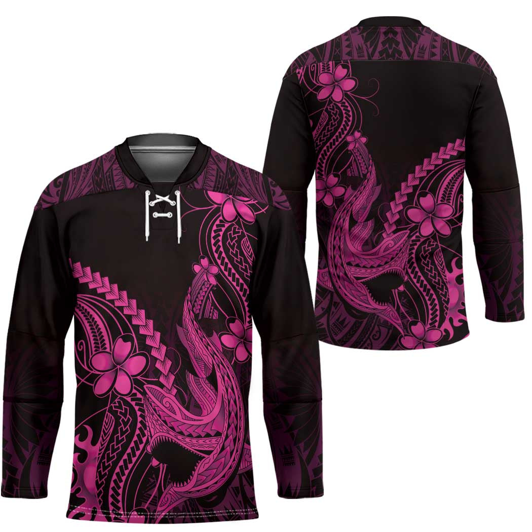 Pink Black Aloha Hawaii Hockey Jersey Polynesian Shark Tattoo With Plumeria - Polynesian Pride