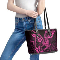 Pink Black Aloha Hawaii Leather Tote Bag Polynesian Shark Tattoo With Plumeria - Polynesian Pride