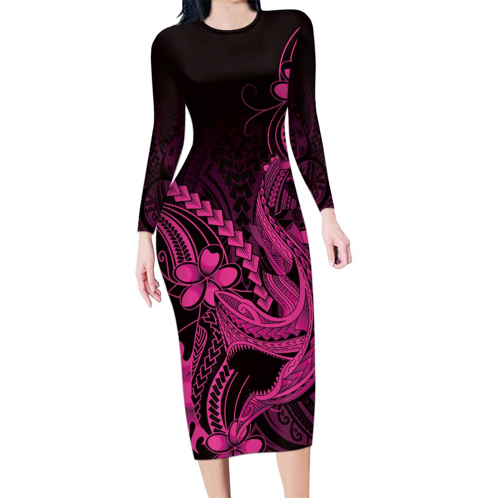 Pink Black Aloha Hawaii Long Sleeve Bodycon Dress Polynesian Shark Tattoo With Plumeria - Polynesian Pride