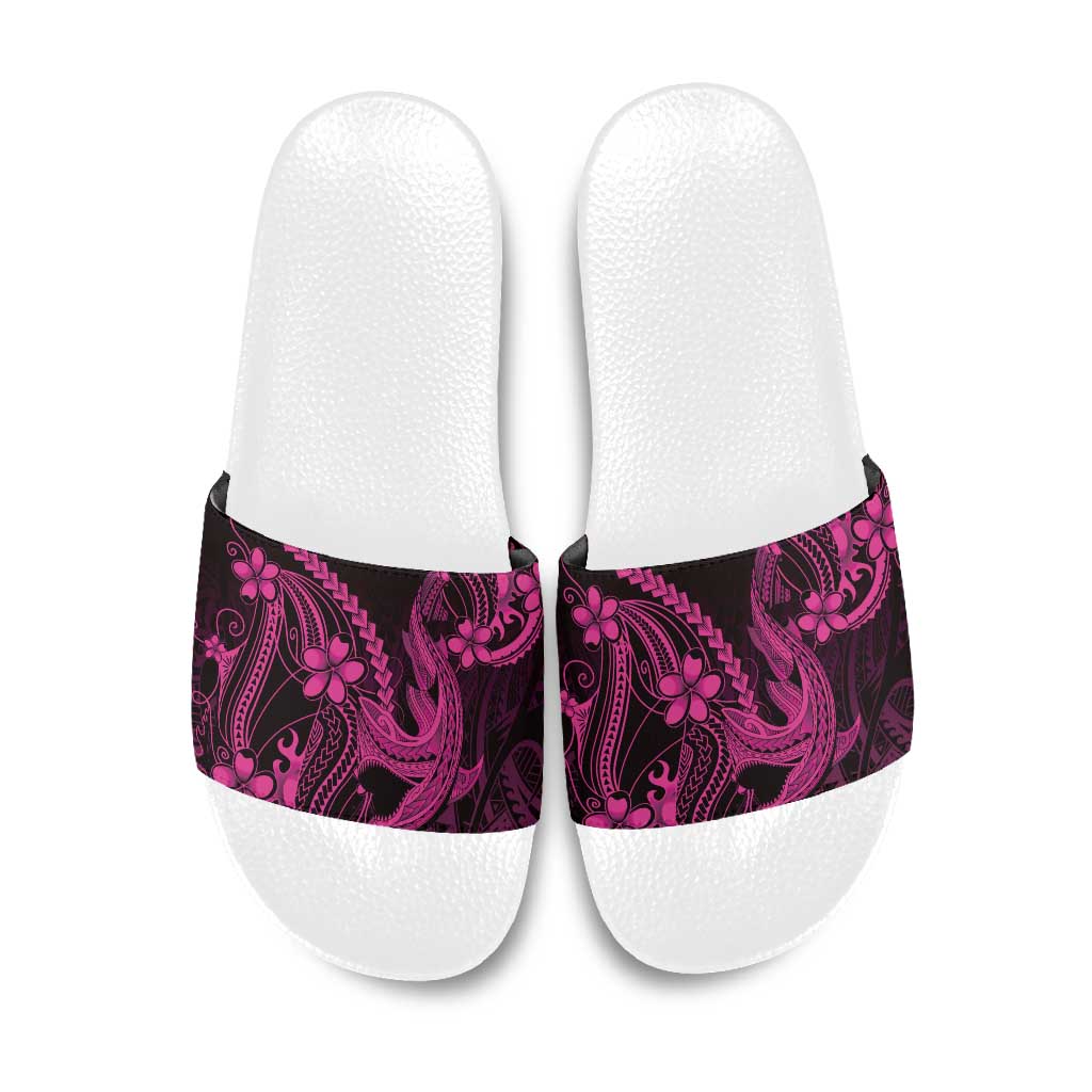 Pink Black Aloha Hawaii Slide Sandals Polynesian Shark Tattoo With Plumeria LT14 Pink - Polynesian Pride