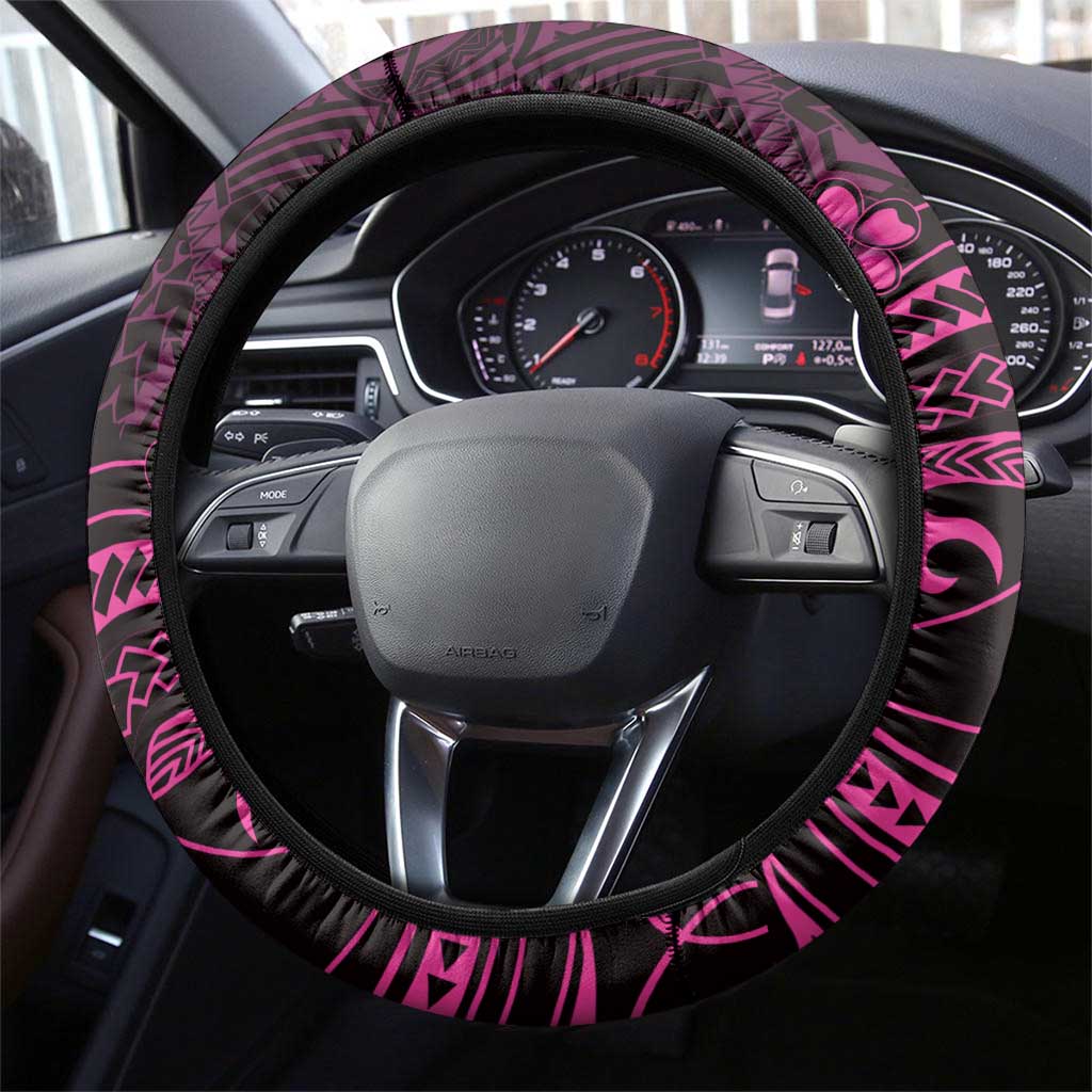 Pink Black Aloha Hawaii Steering Wheel Cover Polynesian Shark Tattoo With Plumeria - Polynesian Pride