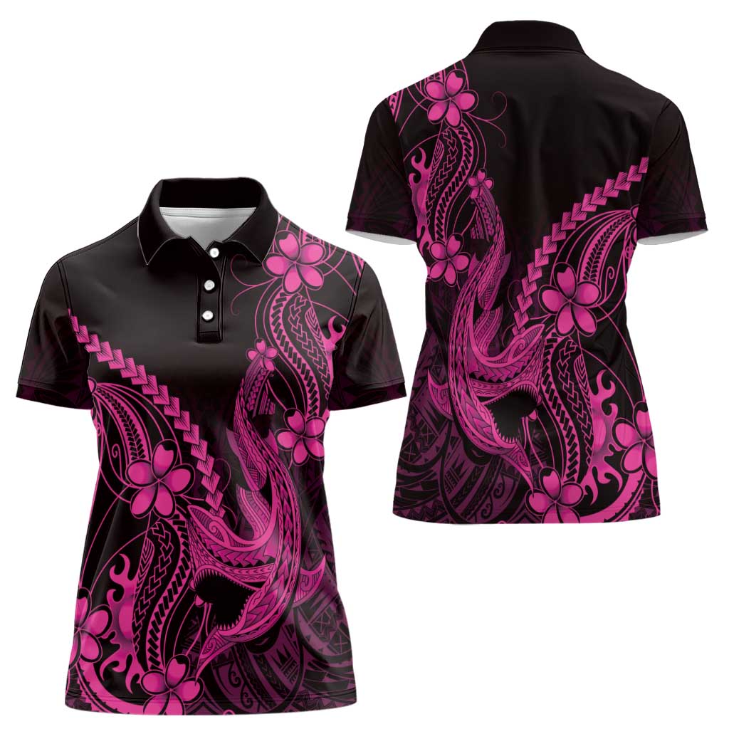 Pink Black Aloha Hawaii Women Polo Shirt Polynesian Shark Tattoo With Plumeria - Polynesian Pride