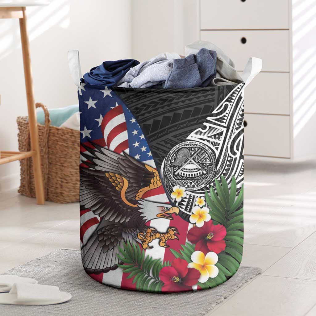 United States and American Samoa Laundry Basket USA Flag Eagle With Seal Tropical Flowers