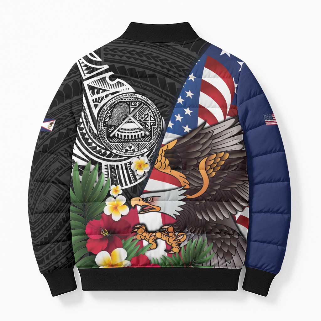 United States and American Samoa Bomber Puffer Jacket USA Flag Eagle With Seal Tropical Flowers