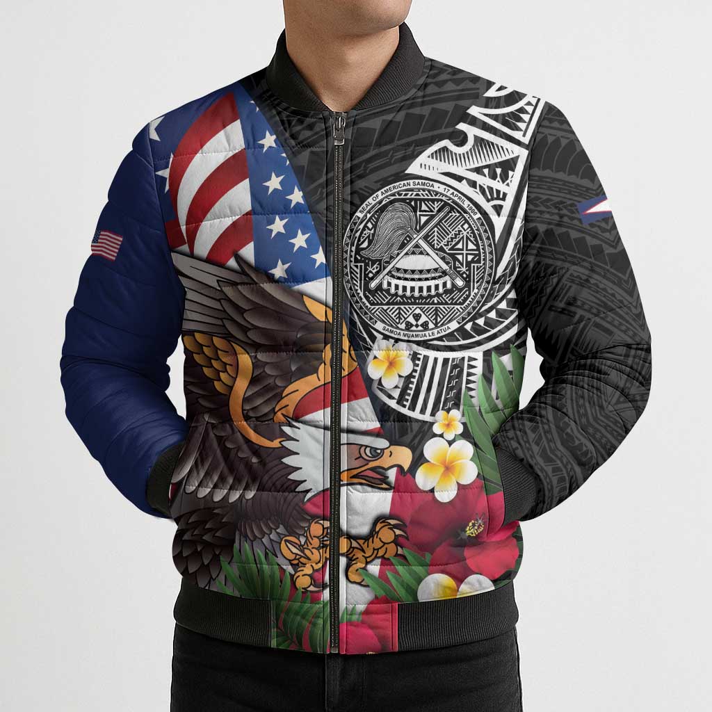 United States and American Samoa Bomber Puffer Jacket USA Flag Eagle With Seal Tropical Flowers