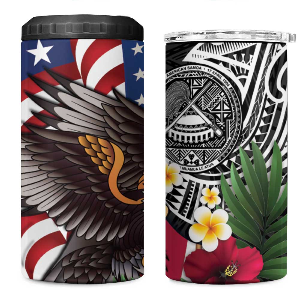 United States and American Samoa 4 in 1 Can Cooler Tumbler USA Flag Eagle With Seal Tropical Flowers