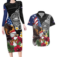 United States and American Samoa Couples Matching Long Sleeve Bodycon Dress and Hawaiian Shirt USA Flag Eagle With Seal Tropical Flowers LT14 Black - Polynesian Pride
