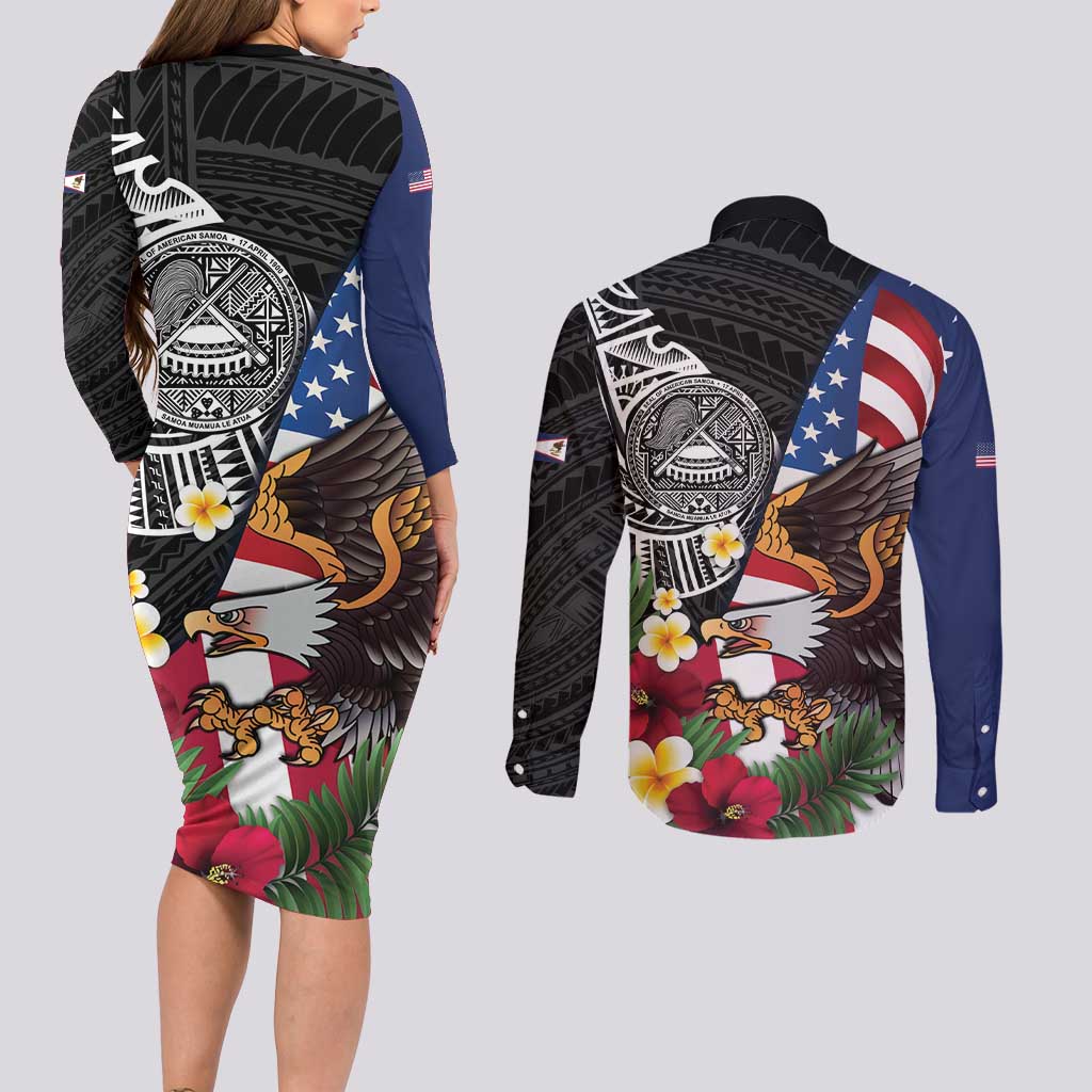 United States and American Samoa Couples Matching Long Sleeve Bodycon Dress and Long Sleeve Button Shirt USA Flag Eagle With Seal Tropical Flowers LT14 - Polynesian Pride