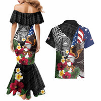 United States and American Samoa Couples Matching Mermaid Dress and Hawaiian Shirt USA Flag Eagle With Seal Tropical Flowers LT14 - Polynesian Pride