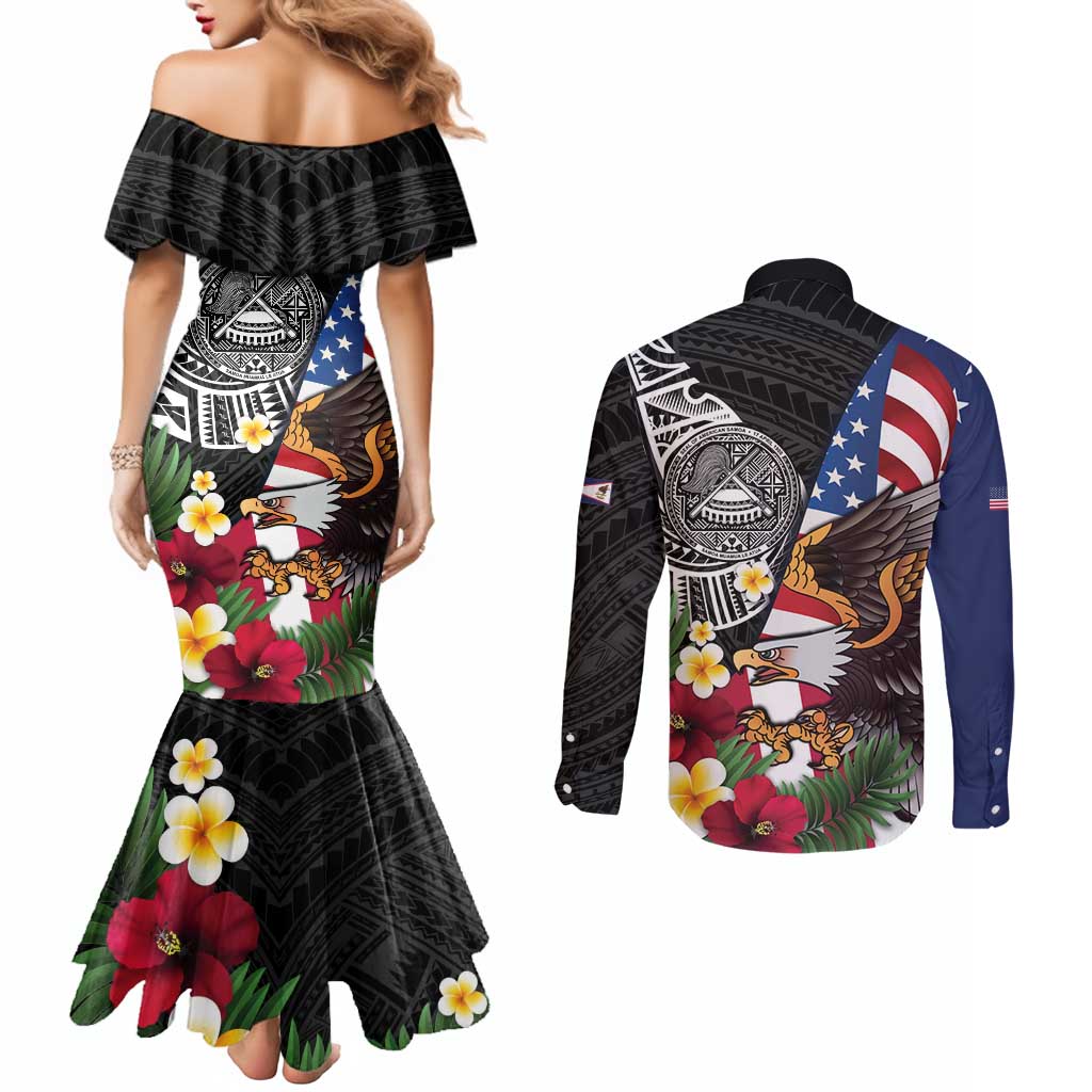 United States and American Samoa Couples Matching Mermaid Dress and Long Sleeve Button Shirt USA Flag Eagle With Seal Tropical Flowers LT14 - Polynesian Pride