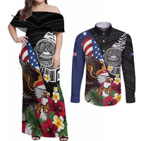 United States and American Samoa Couples Matching Off Shoulder Maxi Dress and Long Sleeve Button Shirt USA Flag Eagle With Seal Tropical Flowers LT14 Black - Polynesian Pride