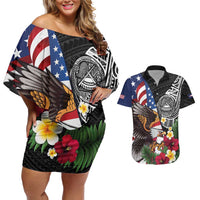 United States and American Samoa Couples Matching Off Shoulder Short Dress and Hawaiian Shirt USA Flag Eagle With Seal Tropical Flowers LT14 Black - Polynesian Pride
