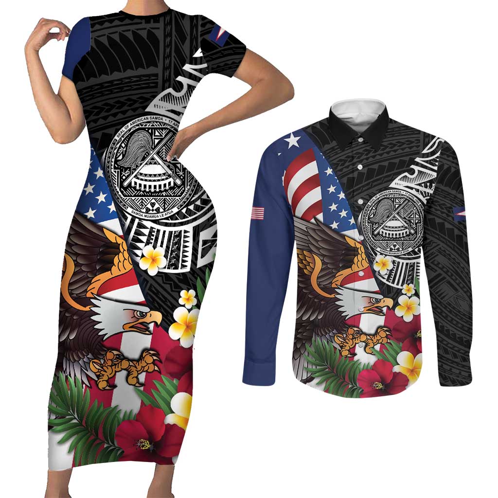 United States and American Samoa Couples Matching Short Sleeve Bodycon Dress and Long Sleeve Button Shirt USA Flag Eagle With Seal Tropical Flowers
