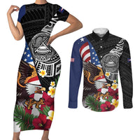 United States and American Samoa Couples Matching Short Sleeve Bodycon Dress and Long Sleeve Button Shirt USA Flag Eagle With Seal Tropical Flowers LT14 Black - Polynesian Pride