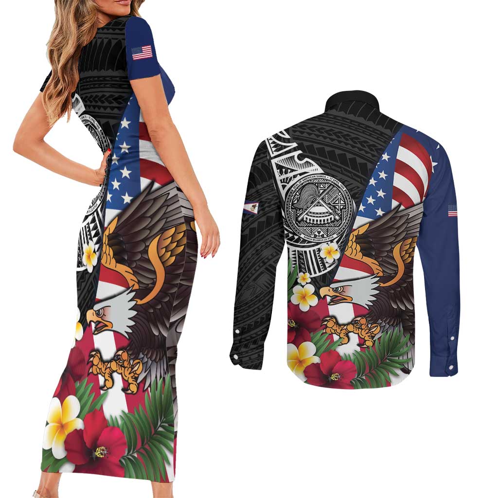 United States and American Samoa Couples Matching Short Sleeve Bodycon Dress and Long Sleeve Button Shirt USA Flag Eagle With Seal Tropical Flowers LT14 - Polynesian Pride