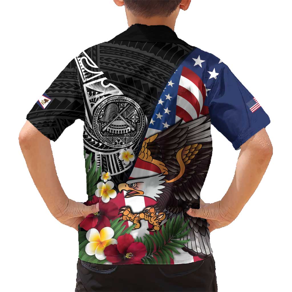 United States and American Samoa Family Matching Long Sleeve Bodycon Dress and Hawaiian Shirt USA Flag Eagle With Seal Tropical Flowers LT14 - Polynesian Pride