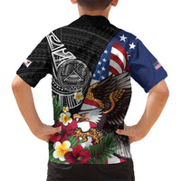 United States and American Samoa Family Matching Long Sleeve Bodycon Dress and Hawaiian Shirt USA Flag Eagle With Seal Tropical Flowers LT14 - Polynesian Pride
