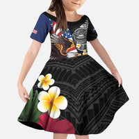 United States and American Samoa Family Matching Long Sleeve Bodycon Dress and Hawaiian Shirt USA Flag Eagle With Seal Tropical Flowers LT14 Daughter's Dress Black - Polynesian Pride