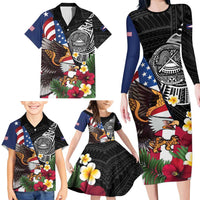 United States and American Samoa Family Matching Long Sleeve Bodycon Dress and Hawaiian Shirt USA Flag Eagle With Seal Tropical Flowers LT14 - Polynesian Pride
