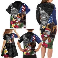 United States and American Samoa Family Matching Long Sleeve Bodycon Dress and Hawaiian Shirt USA Flag Eagle With Seal Tropical Flowers LT14 - Polynesian Pride