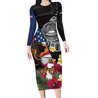 United States and American Samoa Family Matching Long Sleeve Bodycon Dress and Hawaiian Shirt USA Flag Eagle With Seal Tropical Flowers LT14 Mom's Dress Black - Polynesian Pride