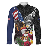 United States and American Samoa Family Matching Mermaid Dress and Hawaiian Shirt USA Flag Eagle With Seal Tropical Flowers LT14 Dad's Shirt - Long Sleeve Black - Polynesian Pride