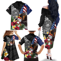 United States and American Samoa Family Matching Off The Shoulder Long Sleeve Dress and Hawaiian Shirt USA Flag Eagle With Seal Tropical Flowers LT14 - Polynesian Pride