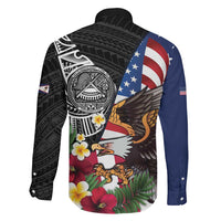 United States and American Samoa Family Matching Off The Shoulder Long Sleeve Dress and Hawaiian Shirt USA Flag Eagle With Seal Tropical Flowers LT14 - Polynesian Pride