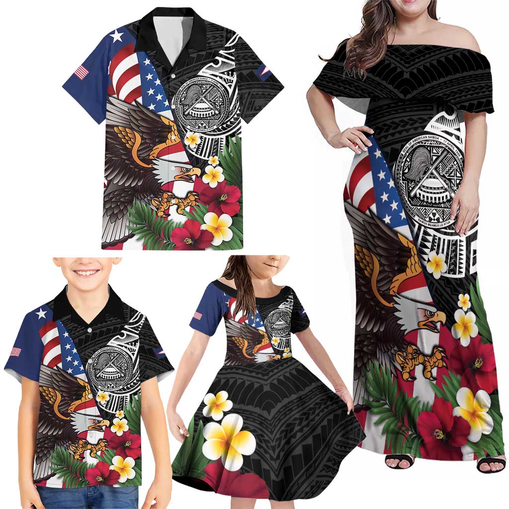 United States and American Samoa Family Matching Off Shoulder Maxi Dress and Hawaiian Shirt USA Flag Eagle With Seal Tropical Flowers LT14 - Polynesian Pride
