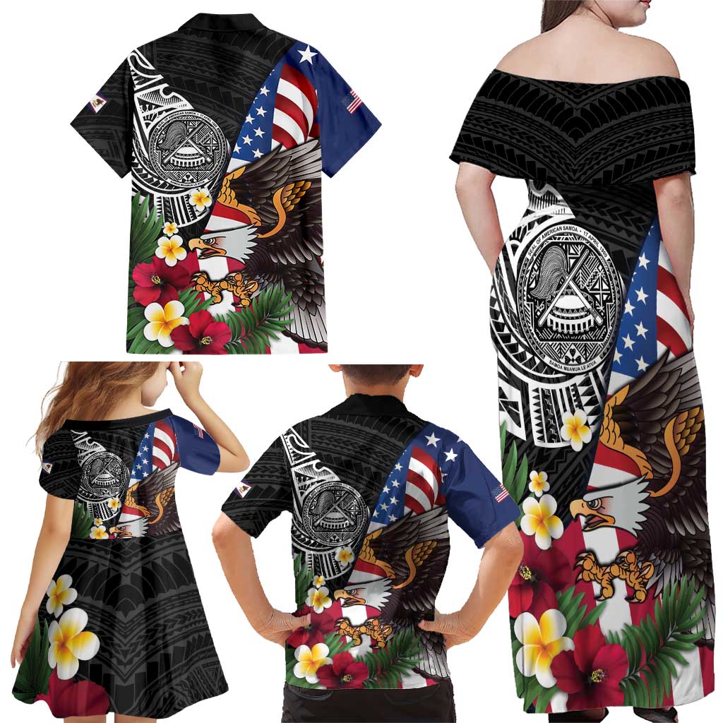 United States and American Samoa Family Matching Off Shoulder Maxi Dress and Hawaiian Shirt USA Flag Eagle With Seal Tropical Flowers LT14 - Polynesian Pride