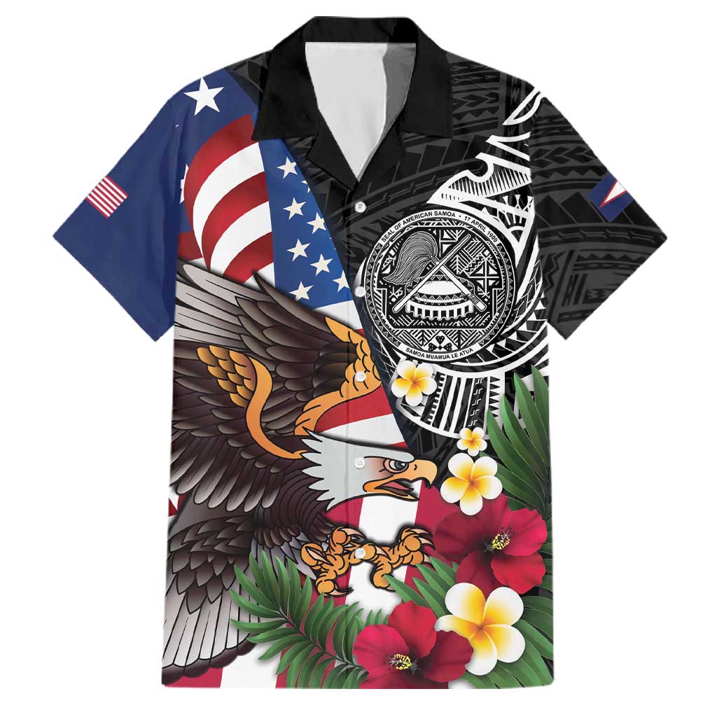 United States and American Samoa Family Matching Off Shoulder Maxi Dress and Hawaiian Shirt USA Flag Eagle With Seal Tropical Flowers LT14 Dad's Shirt - Short Sleeve Black - Polynesian Pride