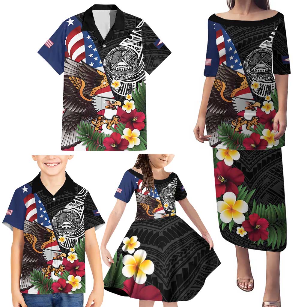 United States and American Samoa Family Matching Puletasi and Hawaiian Shirt USA Flag Eagle With Seal Tropical Flowers LT14 - Polynesian Pride